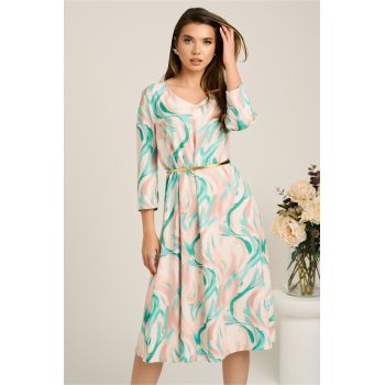 Rochie midi bej in clos din stofa cu imprimeuri verzi si curea in talie