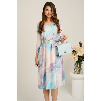 Rochie midi gri in clos din stofa cu imprimeu turcoaz si curea in talie
