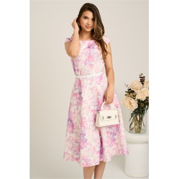 Rochie midi lila cu flori in clos cu buzunare si curea in talie