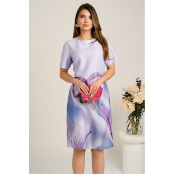 Rochie midi lila cu imprimeu fucsia din stofa cu croi drept