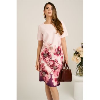 Rochie midi roz cu flori magenta din stofa cu croi drept