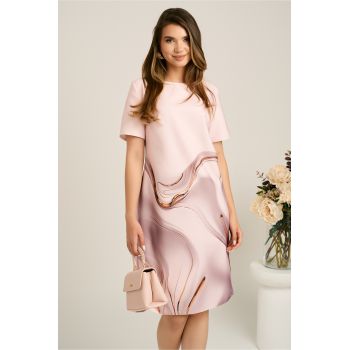 Rochie midi roz cu imprimeu maro din stofa cu croi drept