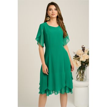 Rochie midi verde din voal in clin cu volane la baza ieftina