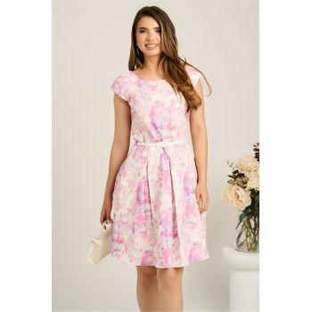 Rochie scurta lila cu flori in clos cu buzunare si curea in talie