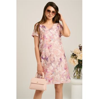 Rochie scurta roz din viscoza cu croi drept si flori mov