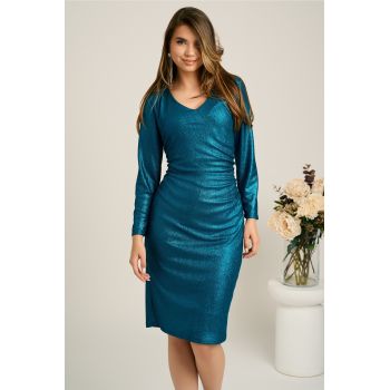 Rochie turcoaz conica din lurex cu fronseu- Viada