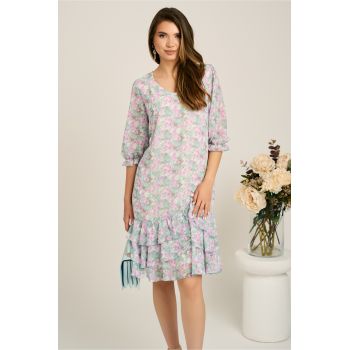 Rochie verde mint din voal cu croi drept si flori lila- Viada ieftina