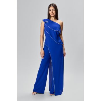 Salopeta de ocazie premium cu strass-uri si model one shoulder Nysa Albastra