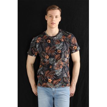 Tricou cu decolteu rotund si imprimeu tropical