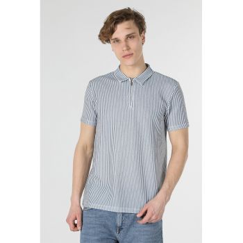 Tricou polo cu dungi si fermoar scurt