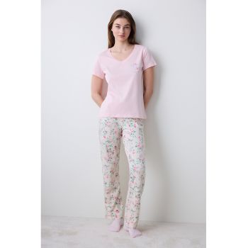 Pijama cu imprimeu grafic si pantaloni lungi