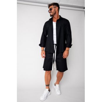 Set Lino camasa si pantalon scurt Black New 16950