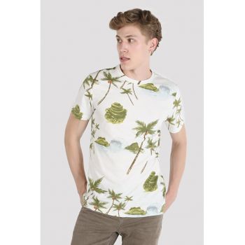 Tricou din bumbac cu decolteu la baza gatului si imprimeu tropical