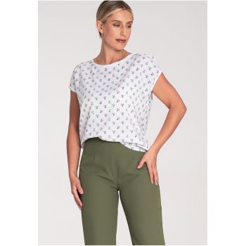 Bluza dama flori -  Poliester/Elastan - Maneca scurta - Alb
