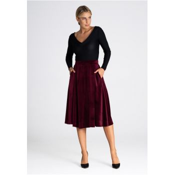 Fusta midi evazata  M964 - rosu - catifea - cu buzunare