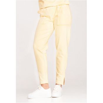 Pantaloni dama  galben - bumbac/elastan - talie elastica - cu buzunare -