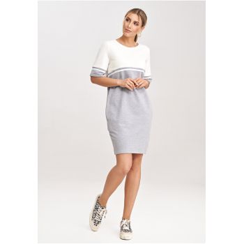 Rochie din bumbac  M1028 - gri cu accente ecru - mini - cu maneci scurte - cu buzunare