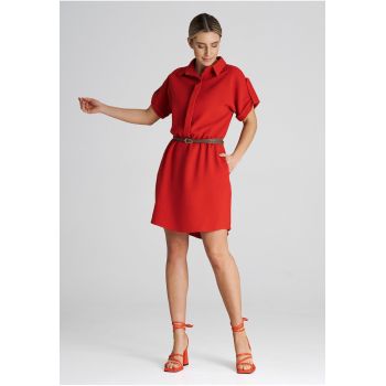 Rochie eleganta  M1001 - midi - rosie - cu curea - din poliester - viscoza si elastan -