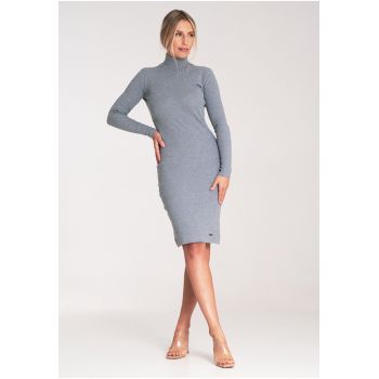 Rochie eleganta  M1042 - gri - tricotata - cu guler - din bumbac si elastan