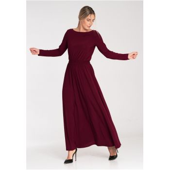 Rochie lunga  bordeaux - cu maneci lungi - talie elastica - poliester