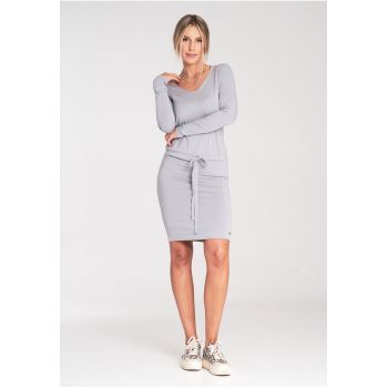 Rochie  M1049 - gri inchis - decolteu adanc - maneci scurte - viscoza