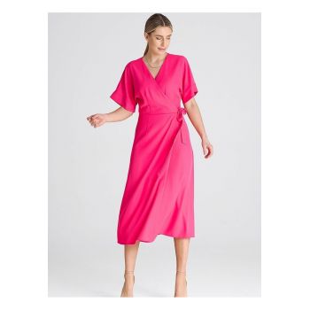 Rochie  maneci kimono - cravata in talie - poliester - roz - poliester