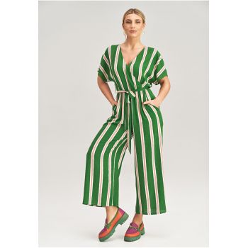 Salopeta dama -  cu maneci kimono - in dungi - verde - viscoza