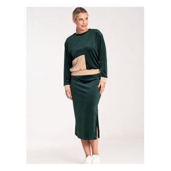 Set de velur  bluza bicolora cu maneci lungi si fusta creion - verde - poliester -