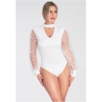 Bluza dama  body alb cu maneca lunga - guler inalt - maneci transparente - poliester -