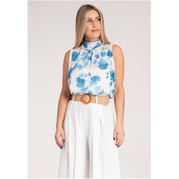Bluza dama -  Fara maneci - Poliester - Alb/Albastru -
