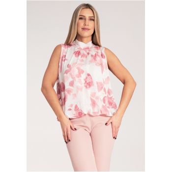 Bluza dama -  Fara maneci - Poliester - Alb/Roz -