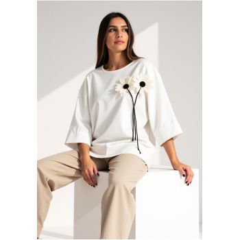 Bluza dama -  Floare - Bumbac/Poliamida/Elastan - Alb -