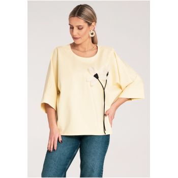 Bluza dama -  Floare - Bumbac/Poliamida/Elastan - Galben -