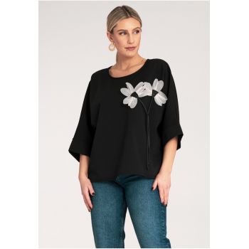Bluza dama -  Floare - Bumbac/Poliamida/Elastan - Negru -