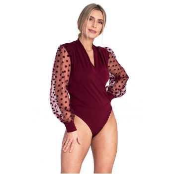 Bluza dama tip body elegant bordo - maneci lungi din material transparent - buline - poliester - Bluza dama tip body elegant bordo - maneci lungi din material transparent - buline - poliester -