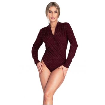 Bluza de tip body dama  visiniu - cu cristale - maneci lungi - poliester/elastan -