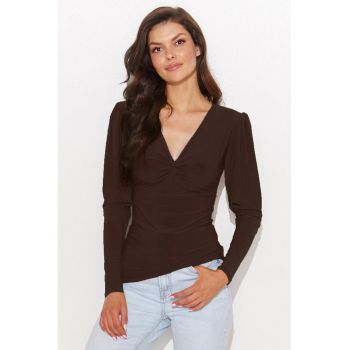 Bluza slim fit cu decolteu in V si maneci bufante