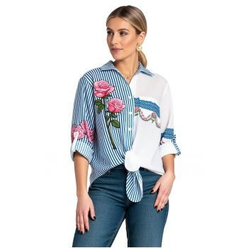 Camasa  albastra/alb - supradimensionata - boho - cu broderie - poliester -