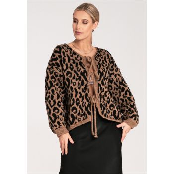 Cardigan dama  leopard - scurt - maneci lungi - negru-bej - acril-poliamida -