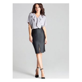 Fusta creion -  midi - neagra - piele ecologica - fermoar decorativ - despicatura