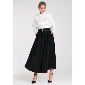 Fusta evazata  midi - neagra - cu curea - buzunare laterale - poliester -
