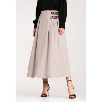 Fusta midi  cu curea - bej - material usor - poliester -