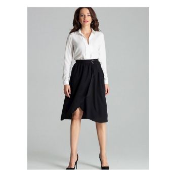 Fusta midi  neagra - talie plisata - fermoar lateral ascuns - curea cu catarama aurie - poliester