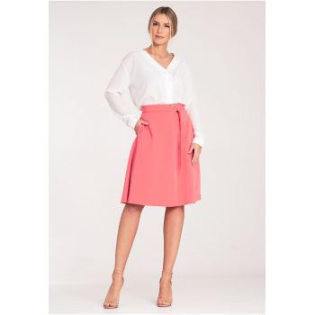 Fusta midi  roz - cu curea aurie - croi evazat - poliester