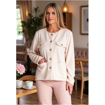 Geaca  tweed - bej - carouri - eleganta - pentru femei -