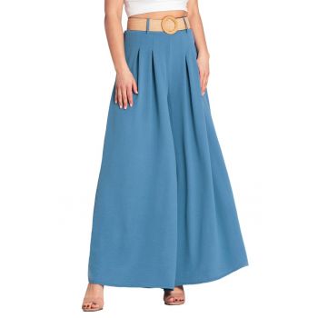 Pantaloni dama -  cu curea - eleganti - albastri - poliester -