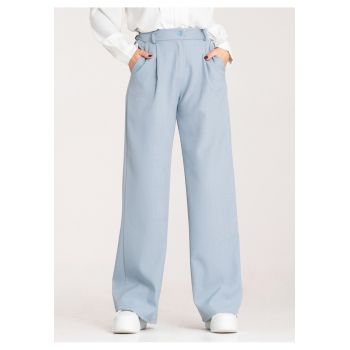 Pantaloni dama -  cu talie inalta - croiala larga - albastru - poliester-elastan -
