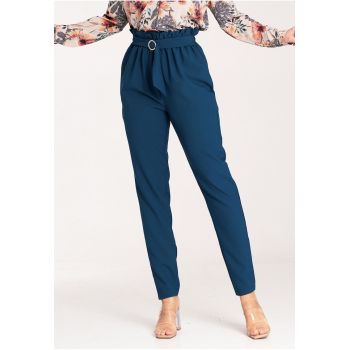 Pantaloni dama  eleganti - talie inalta - albastru - poliester