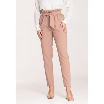 Pantaloni dama  eleganti - talie inalta - bej - poliester