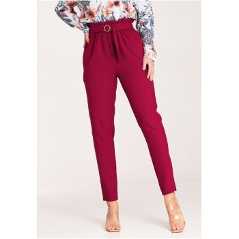 Pantaloni dama  eleganti - talie inalta - rosu - poliester -
